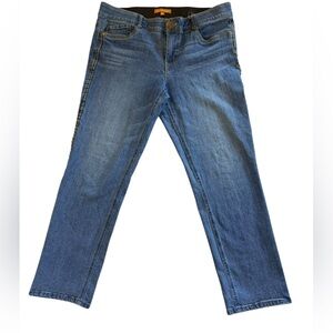 Recreation Blue Denim Cropped Jeans Taped Seams Size 10 Blue Green Gold Seam